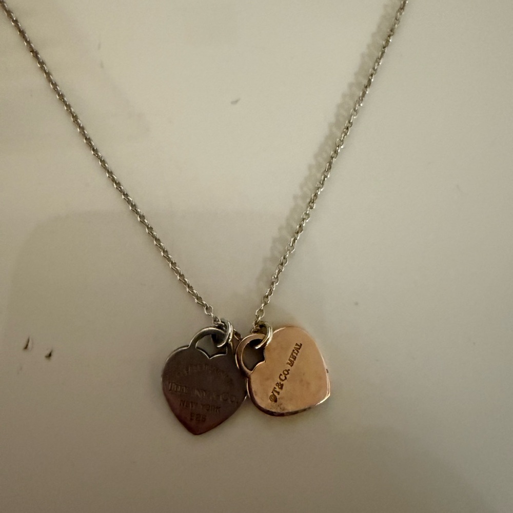 Authentic Tiffany & Co. Dual Heart Necklace in Silver and Rose Gold